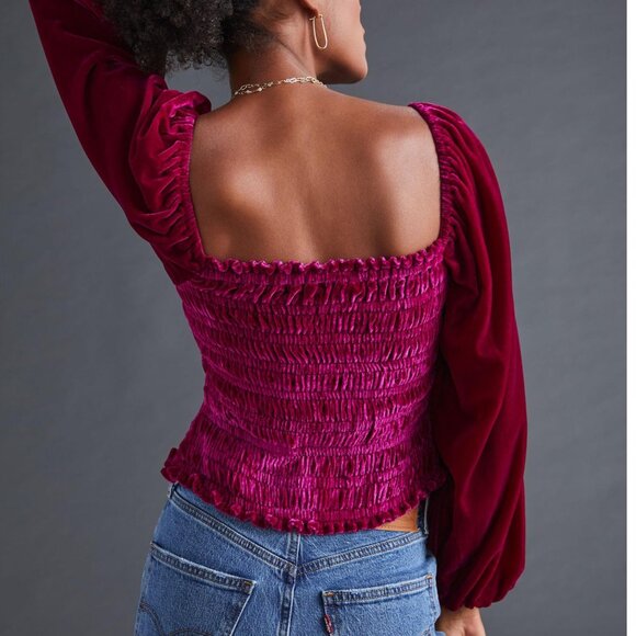 By Anthropologie Puff-Sleeved Velvet Blouse Jeweltone Pink - Small - Picture 2 of 9